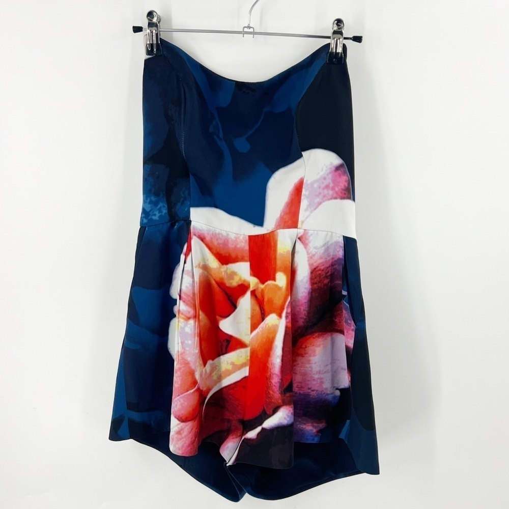 ✅ KEEPSAKE Blue Floral Scuba Fit STRAPLESS ROMPER SIZE LARGE BLUE/RED